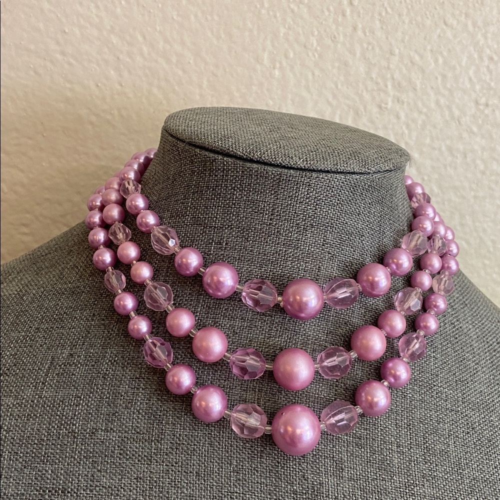 Vintage JAPAN 3 Strand Glass Pearls & Acrylic Beaded Choker Necklace